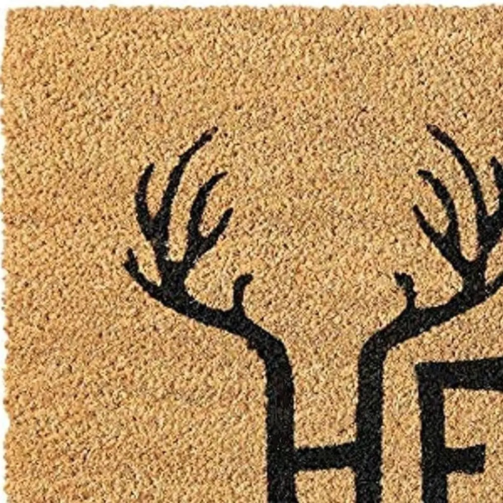 17" X 29" Natural And Black Hello With Antlers Coir Outdoor Door Mat - NOBLE HOME INTERIORS