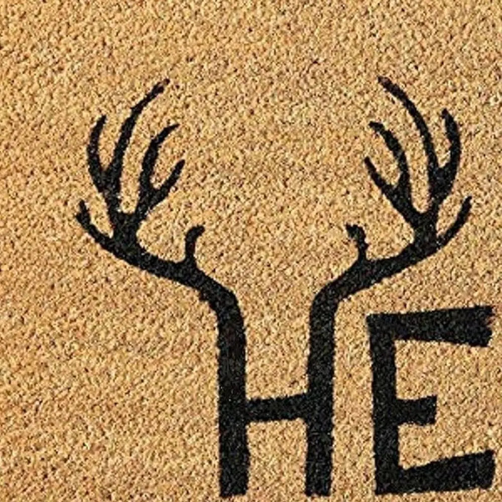 17" X 29" Natural And Black Hello With Antlers Coir Outdoor Door Mat - NOBLE HOME INTERIORS