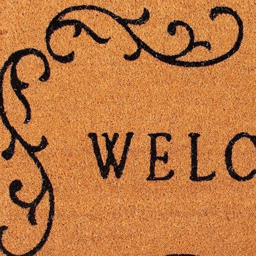 17" X 29" Natural And Black Scrollwork Welcome Outdoor Coir Door Mat - NOBLE HOME INTERIORS