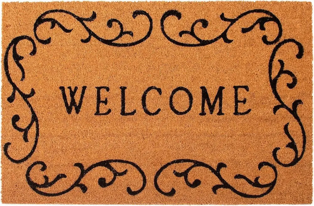17" X 29" Natural And Black Scrollwork Welcome Outdoor Coir Door Mat - NOBLE HOME INTERIORS