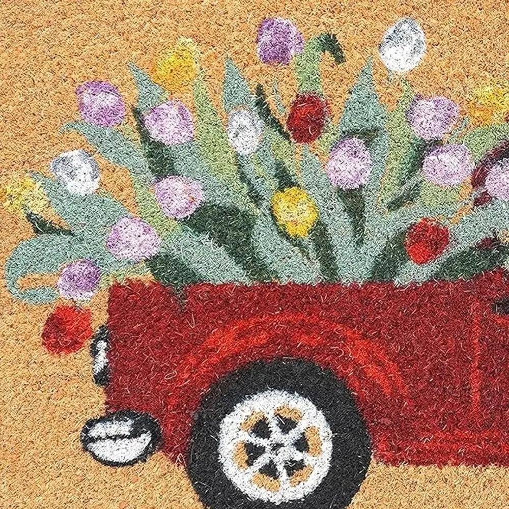 17" X 29" Natural And Red Floral Outdoor Coir Door Mat - NOBLE HOME INTERIORS