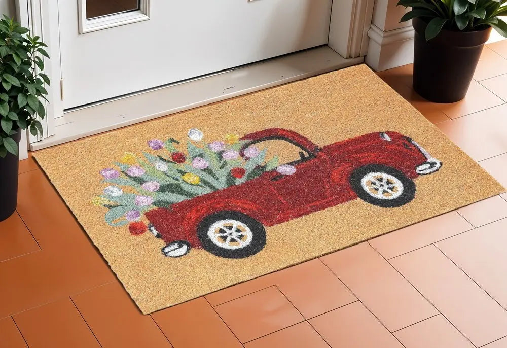 17" X 29" Natural And Red Floral Outdoor Coir Door Mat - NOBLE HOME INTERIORS