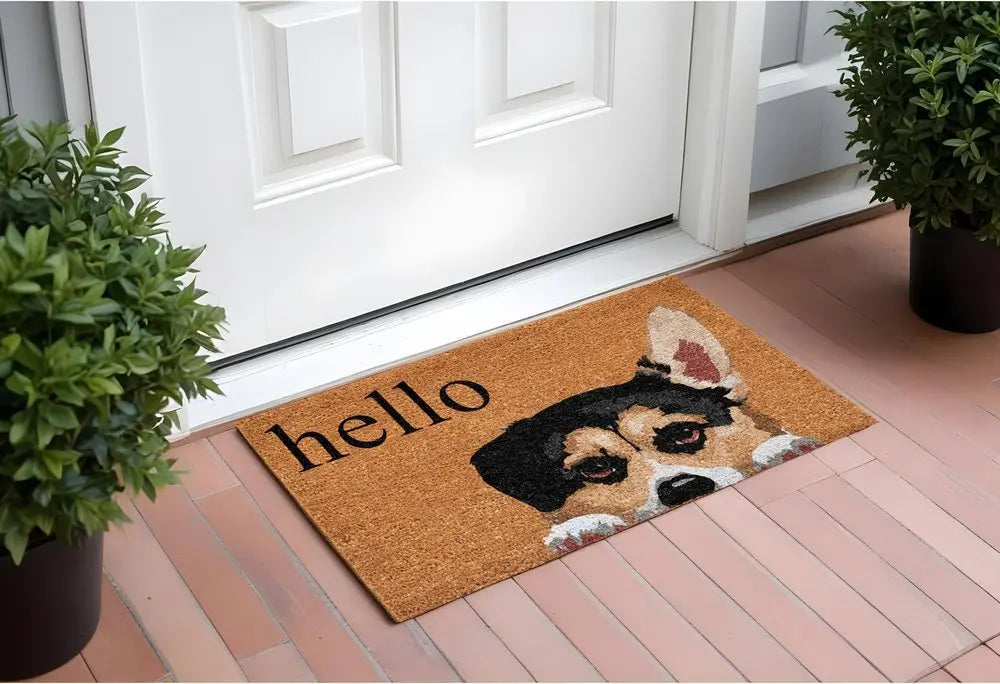 17" X 29" Natural Black and Brown Coir Welch Corgi Hello Outdoor Door Mat - NOBLE HOME INTERIORS