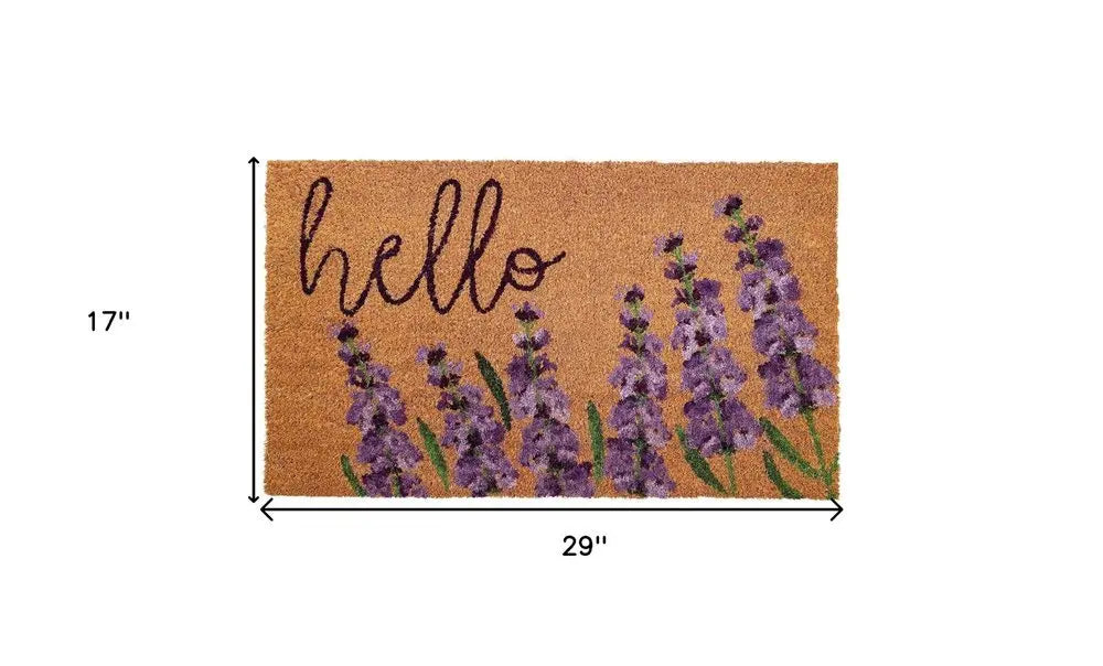 17" X 29" Natural Black and Purple Coir Floral Hello Outdoor Door Mat - NOBLE HOME INTERIORS