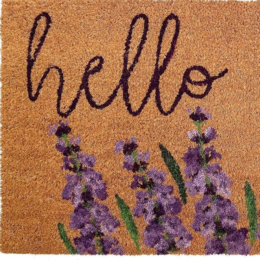17" X 29" Natural Black and Purple Coir Floral Hello Outdoor Door Mat - NOBLE HOME INTERIORS