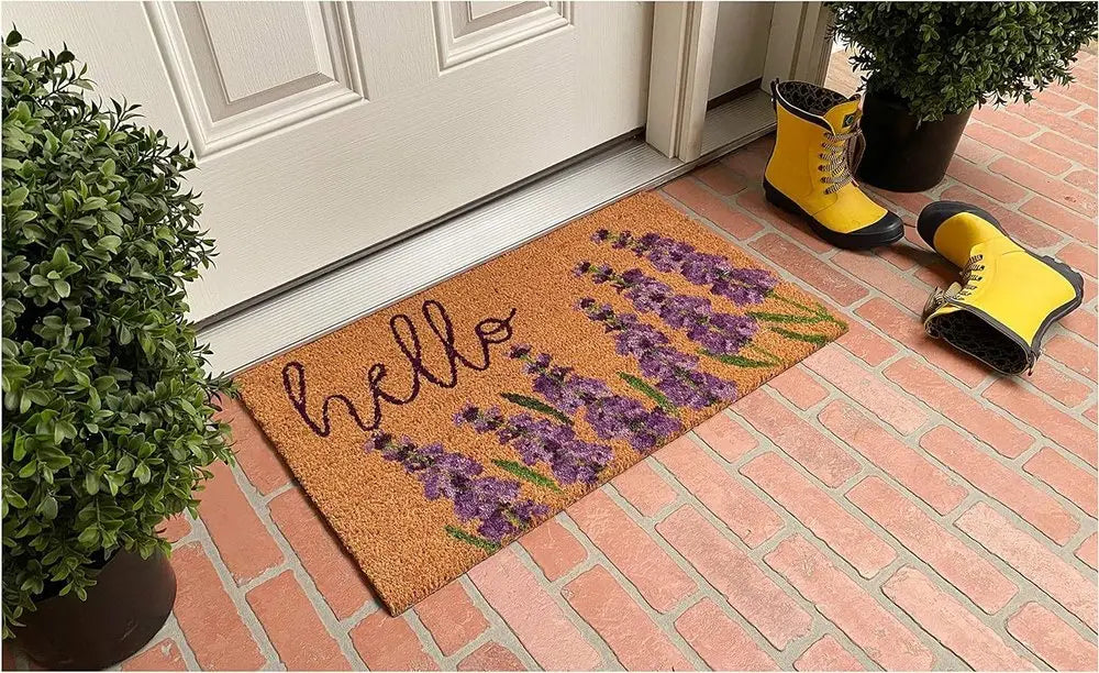 17" X 29" Natural Black and Purple Coir Floral Hello Outdoor Door Mat - NOBLE HOME INTERIORS