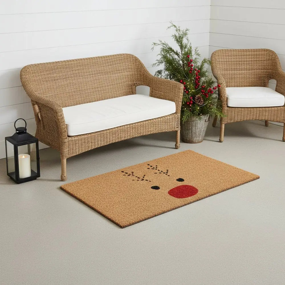 17" X 29" Natural Black and Red Coir Reindeer Outdoor Christmas Door Mat - NOBLE HOME INTERIORS