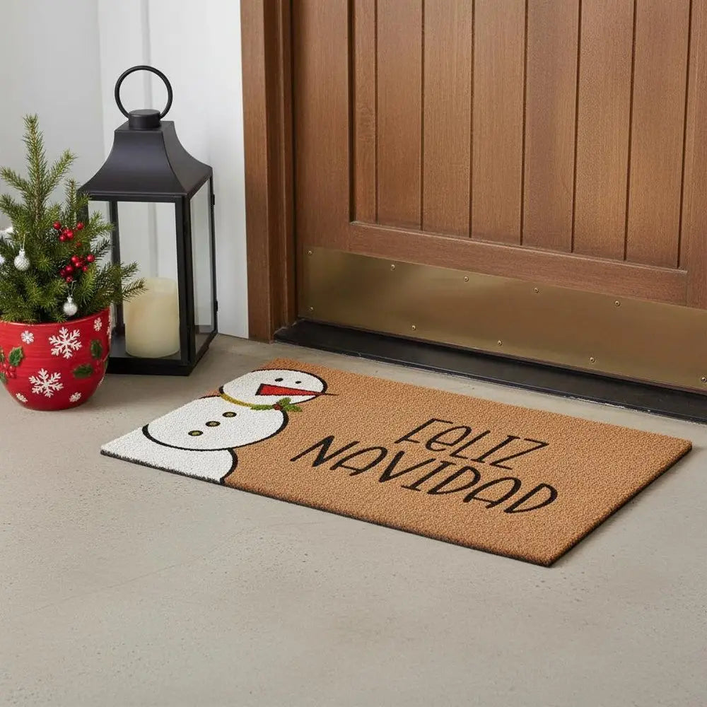 17" X 29" Natural Black And White Feliz Navidad Snowman Coir Door Mat - NOBLE HOME INTERIORS