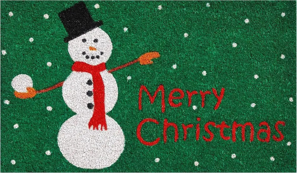 17" X 29" Natural Black And White Feliz Navidad Snowman Coir Door Mat - NOBLE HOME INTERIORS