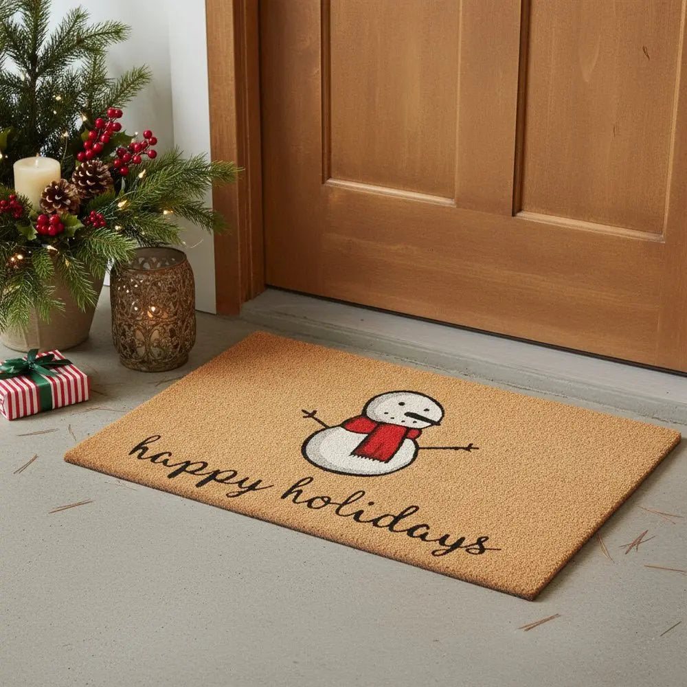 17" X 29" Natural Black And White Feliz Navidad Snowman Coir Door Mat - NOBLE HOME INTERIORS