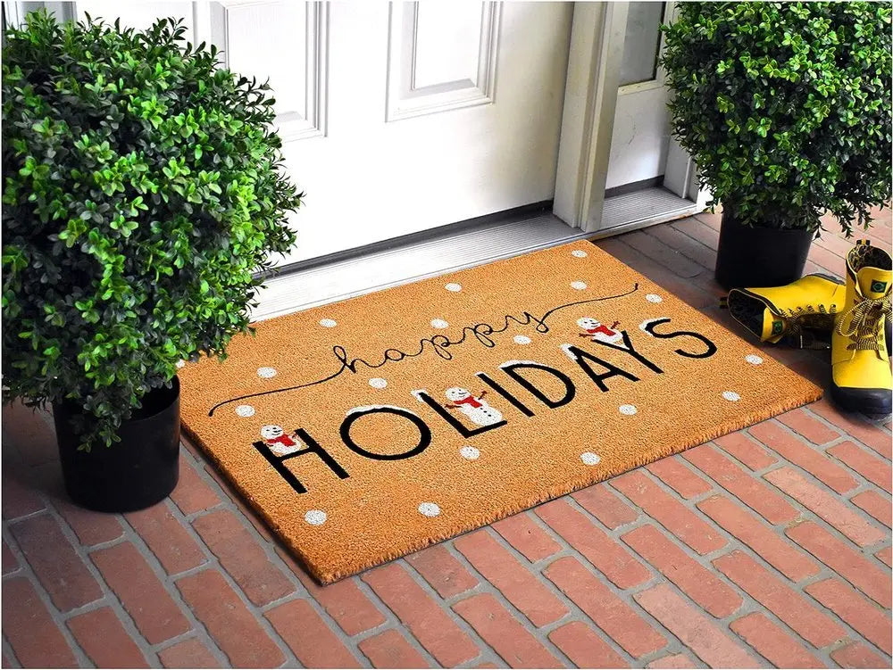 17" X 29" Natural Black And White Feliz Navidad Snowman Coir Door Mat - NOBLE HOME INTERIORS