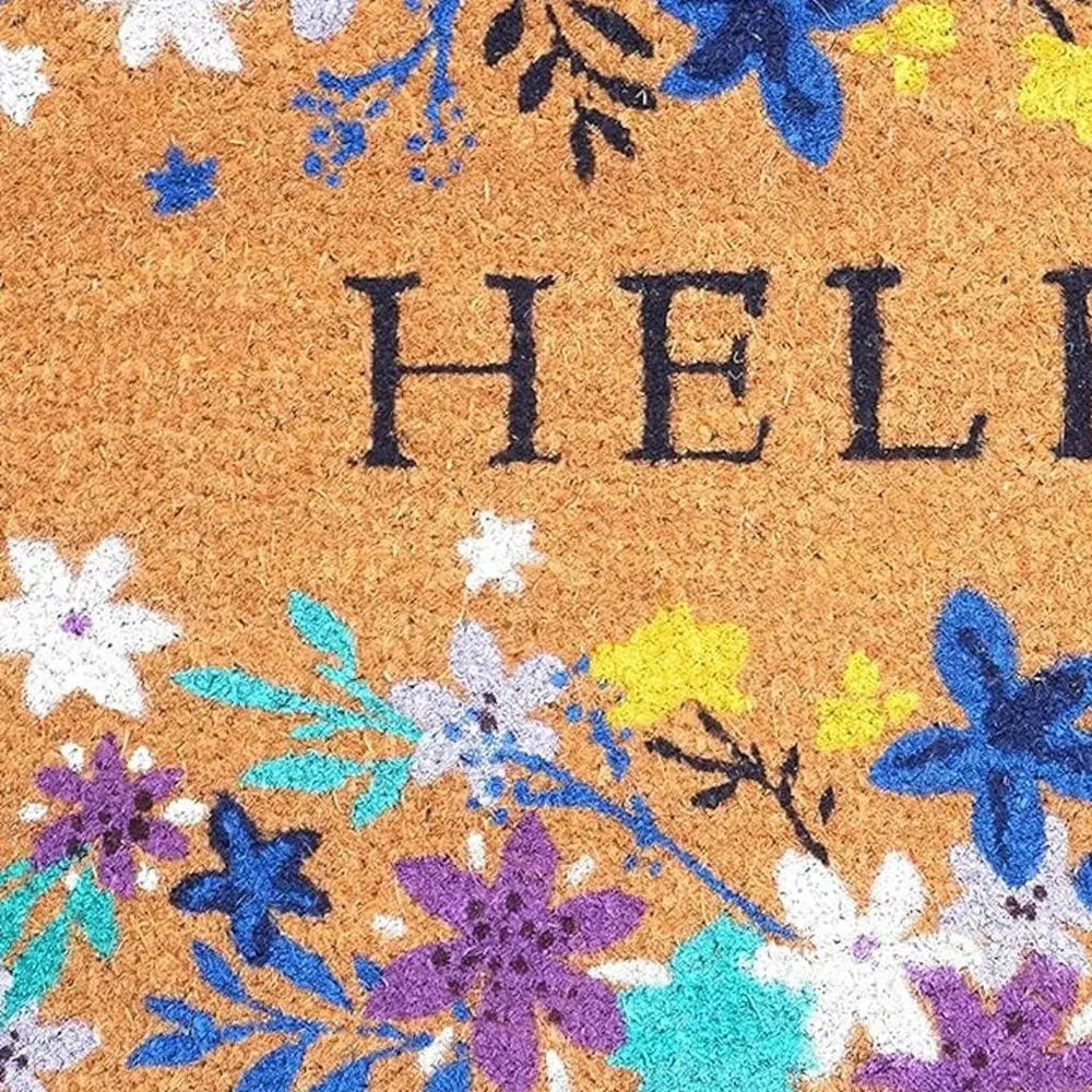 17" X 29" Natural Blue And Purple Floral Hello Outdoor Coir Door Mat - NOBLE HOME INTERIORS