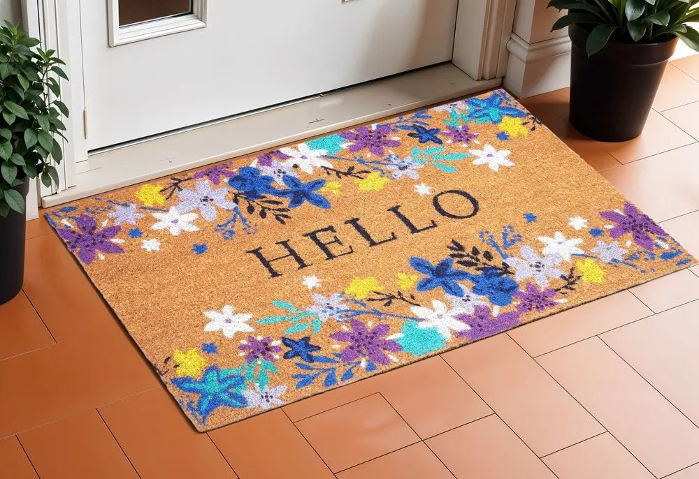 17" X 29" Natural Blue And Purple Floral Hello Outdoor Coir Door Mat - NOBLE HOME INTERIORS