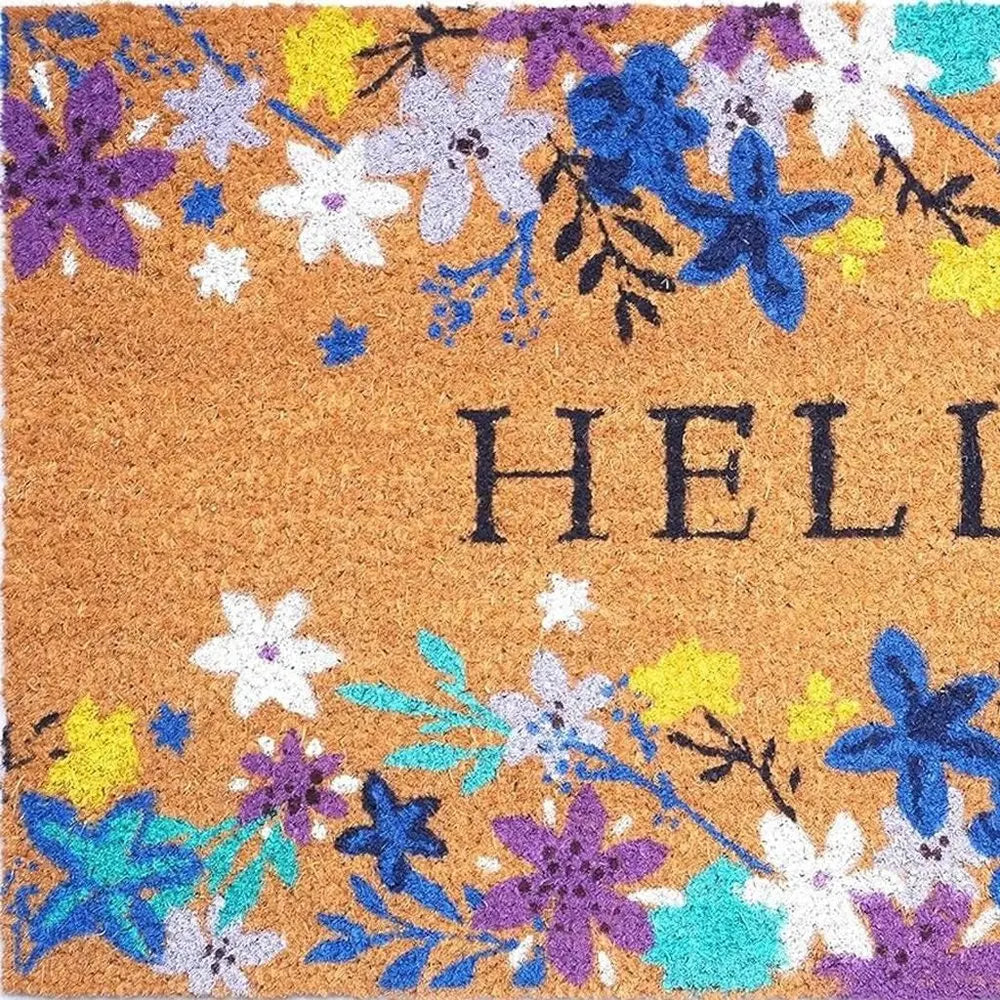 17" X 29" Natural Blue And Purple Floral Hello Outdoor Coir Door Mat - NOBLE HOME INTERIORS
