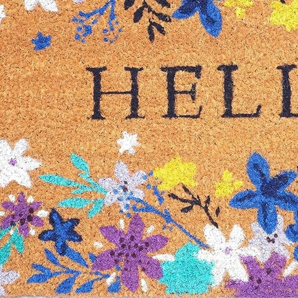 17" X 29" Natural Blue And Purple Floral Hello Outdoor Coir Door Mat - NOBLE HOME INTERIORS