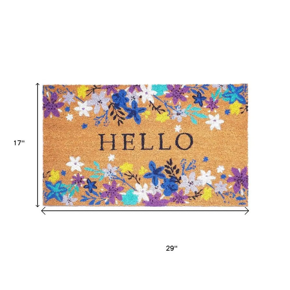 17" X 29" Natural Blue And Purple Floral Hello Outdoor Coir Door Mat - NOBLE HOME INTERIORS