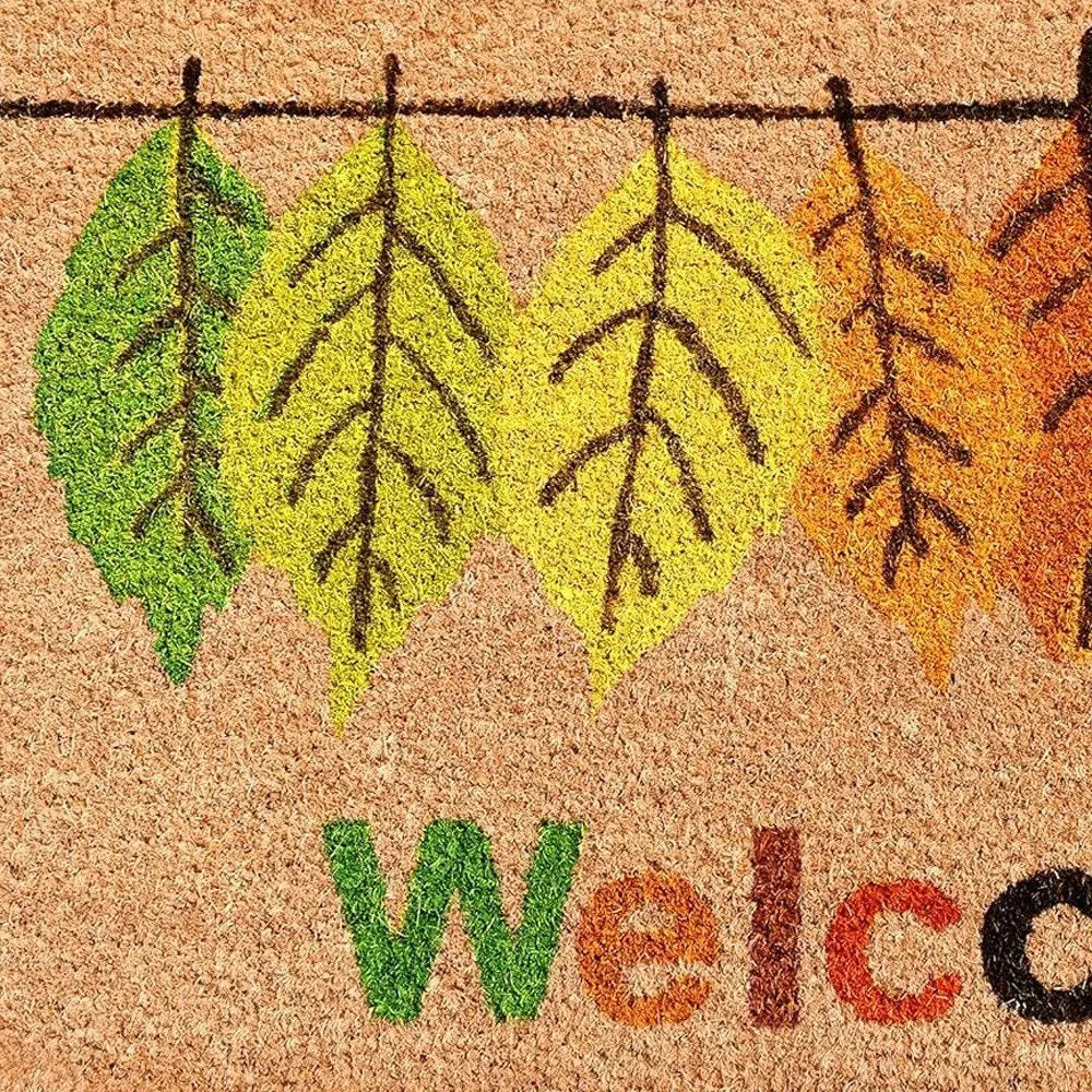 17" X 29" Natural Green and Orange Coir Botanical Leaves Welcome Outdoor Fall Door Mat - NOBLE HOME INTERIORS