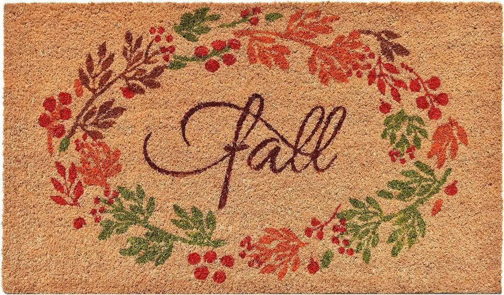 17" X 29" Natural Green And Orange Fall Leaves Coir Outdoor Door Mat - NOBLE HOME INTERIORS