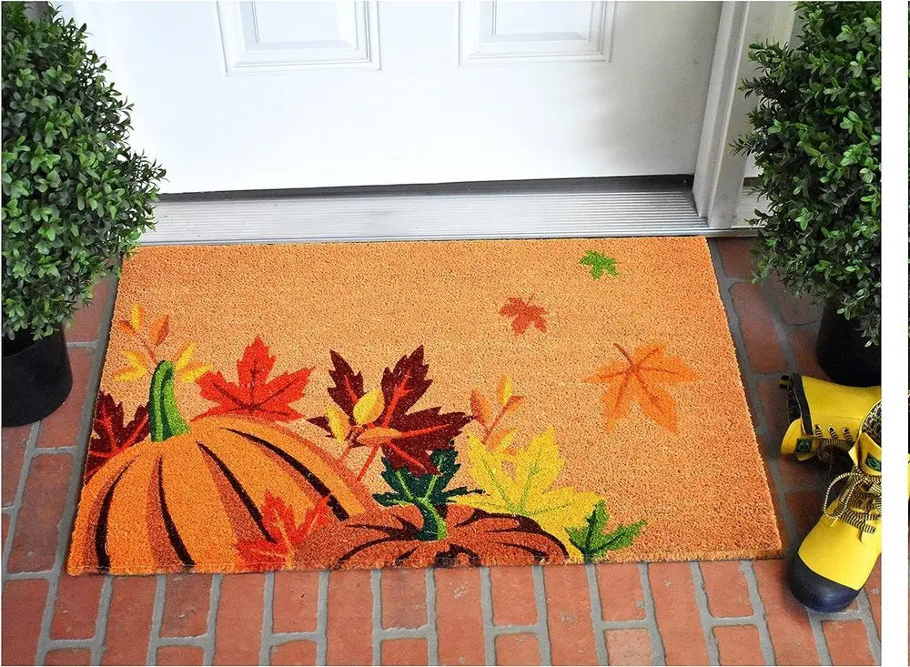 17" X 29" Natural Orange and Green Coir Pumpkins and Leaves Outdoor Fall Door Mat - NOBLE HOME INTERIORS