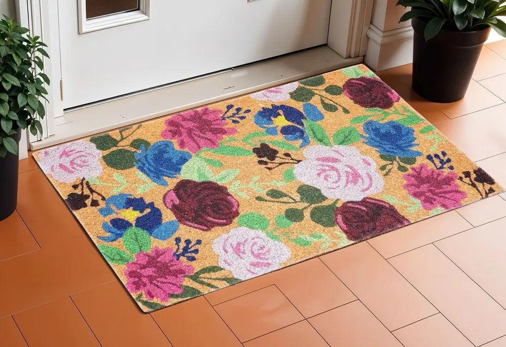 17" X 29" Natural Pink And Blue Floral Outdoor Coir Door Mat - NOBLE HOME INTERIORS