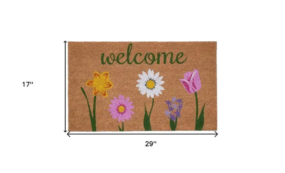 17" X 29" Natural Pink and Green Coir Floral Welcome Outdoor Door Mat - NOBLE HOME INTERIORS