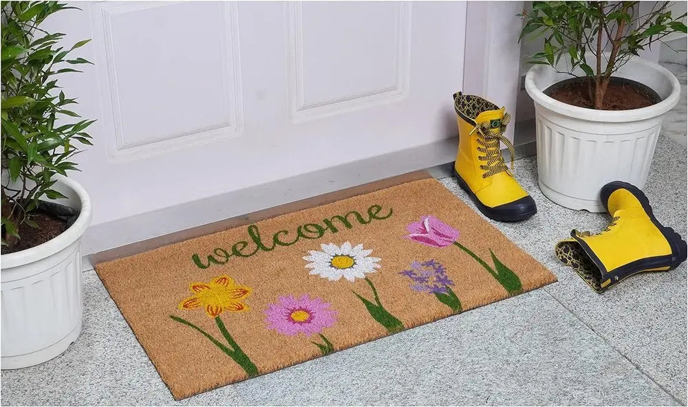 17" X 29" Natural Pink and Green Coir Floral Welcome Outdoor Door Mat - NOBLE HOME INTERIORS