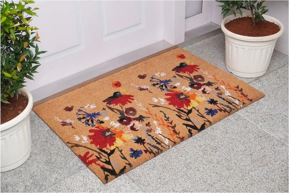 17" X 29" Natural Red and Yellow Coir Floral Outdoor Door Mat - NOBLE HOME INTERIORS