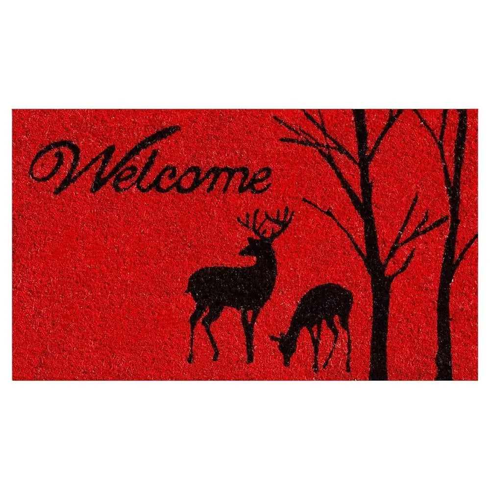 17" X 29" Red And Black Christmas Deer Welcome Outdoor Coir Door Mat - NOVA HOME FURNITURE