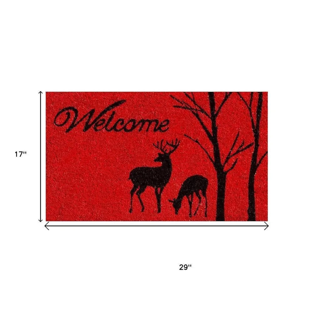 17" X 29" Red And Black Christmas Deer Welcome Outdoor Coir Door Mat - NOVA HOME FURNITURE