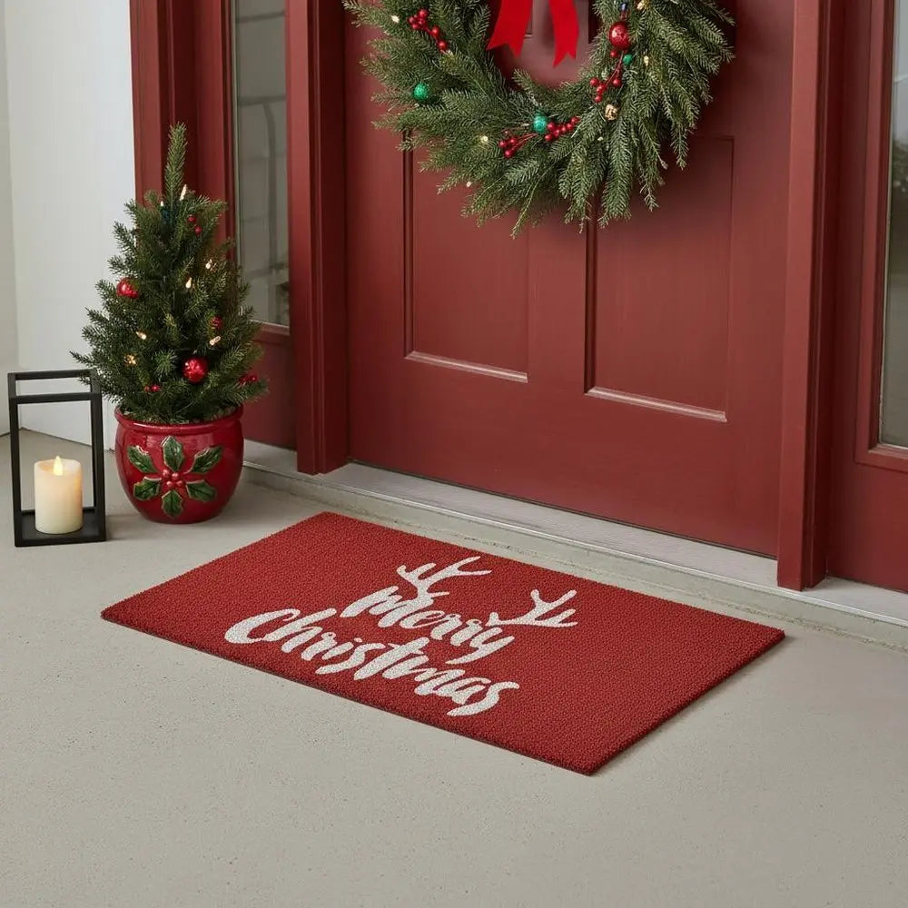17" X 29" Red And White Coir Reindeer Outdoor Christmas Door Mat - NOBLE HOME INTERIORS
