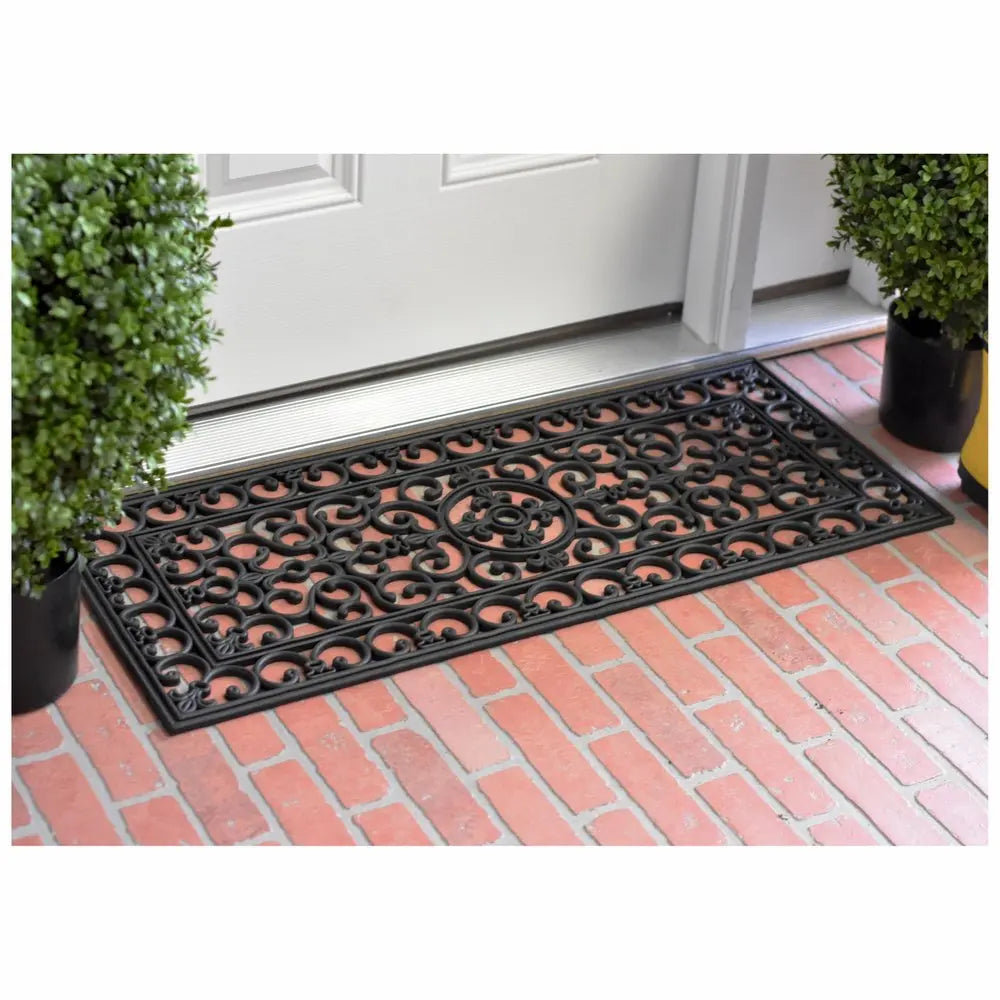 17" X 41" Black Scrollwork Outdoor Rubber Door Mat - NOBLE HOME INTERIORS