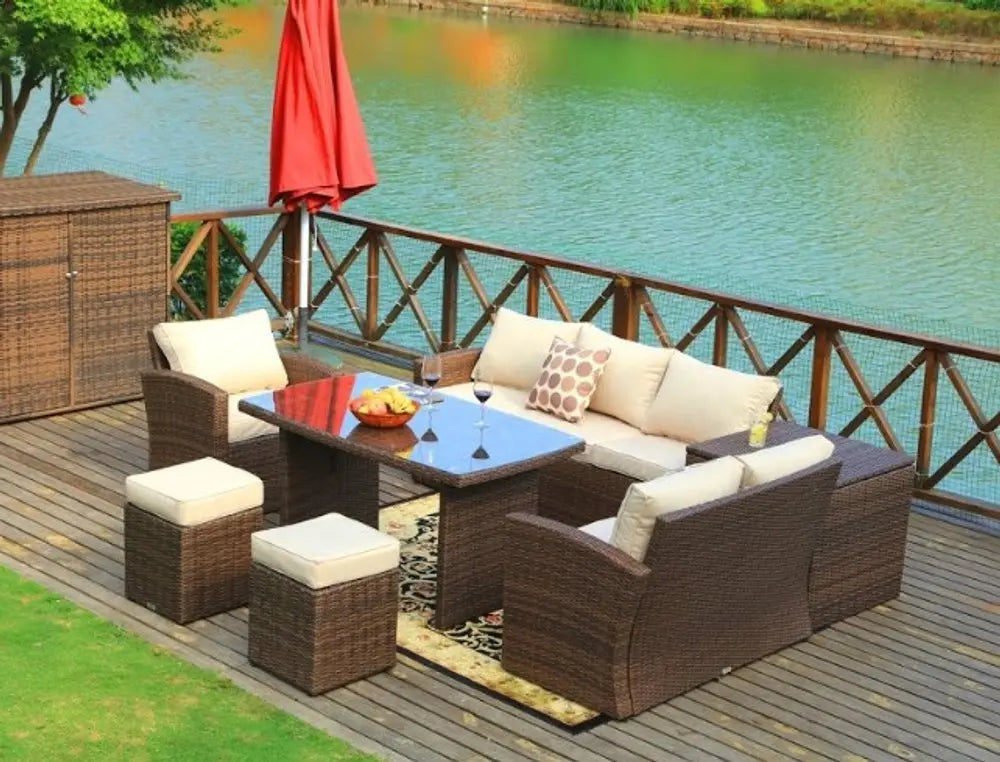 179.85" X 31.89" 32.68" Brown 7Piece Steel Outdoor Sectional Sofa Set With Ottomans And Storage Box - NOBLE HOME INTERIORS