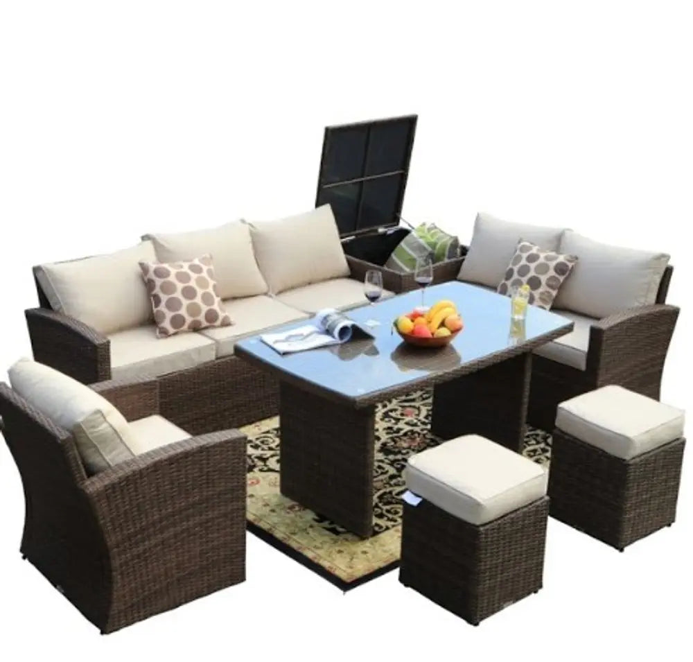 179.85" X 31.89" 32.68" Brown 7Piece Steel Outdoor Sectional Sofa Set With Ottomans And Storage Box - NOBLE HOME INTERIORS
