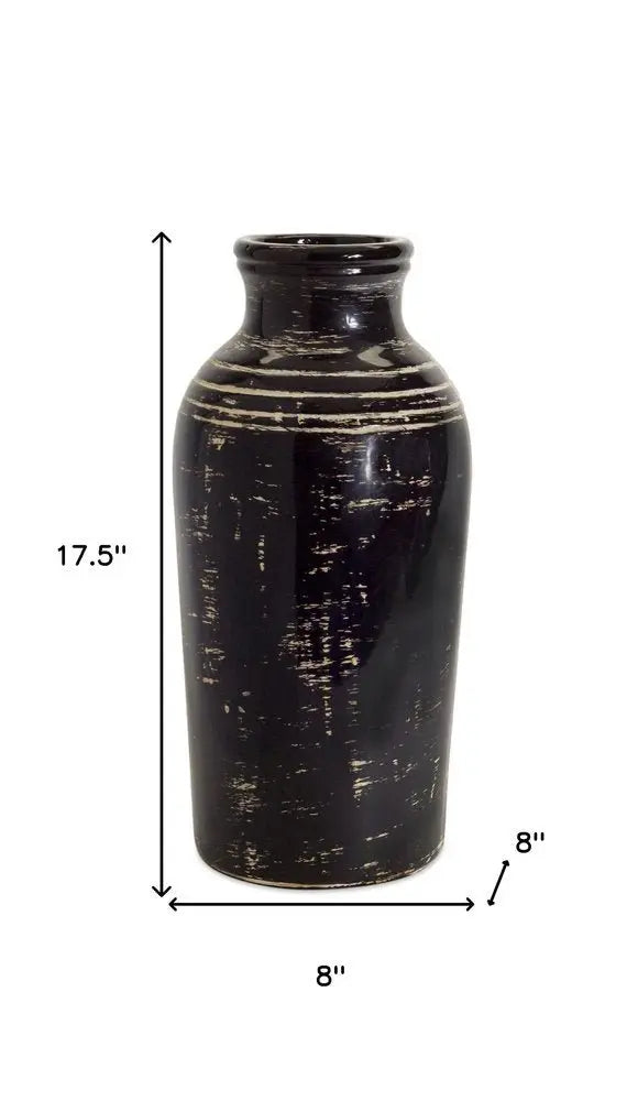 18" Black and Ivory Striped Urn Ceramic Floor Vase - NOBLE HOME INTERIORS
