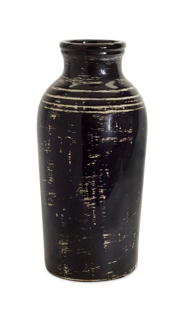 18" Black and Ivory Striped Urn Ceramic Floor Vase - NOBLE HOME INTERIORS