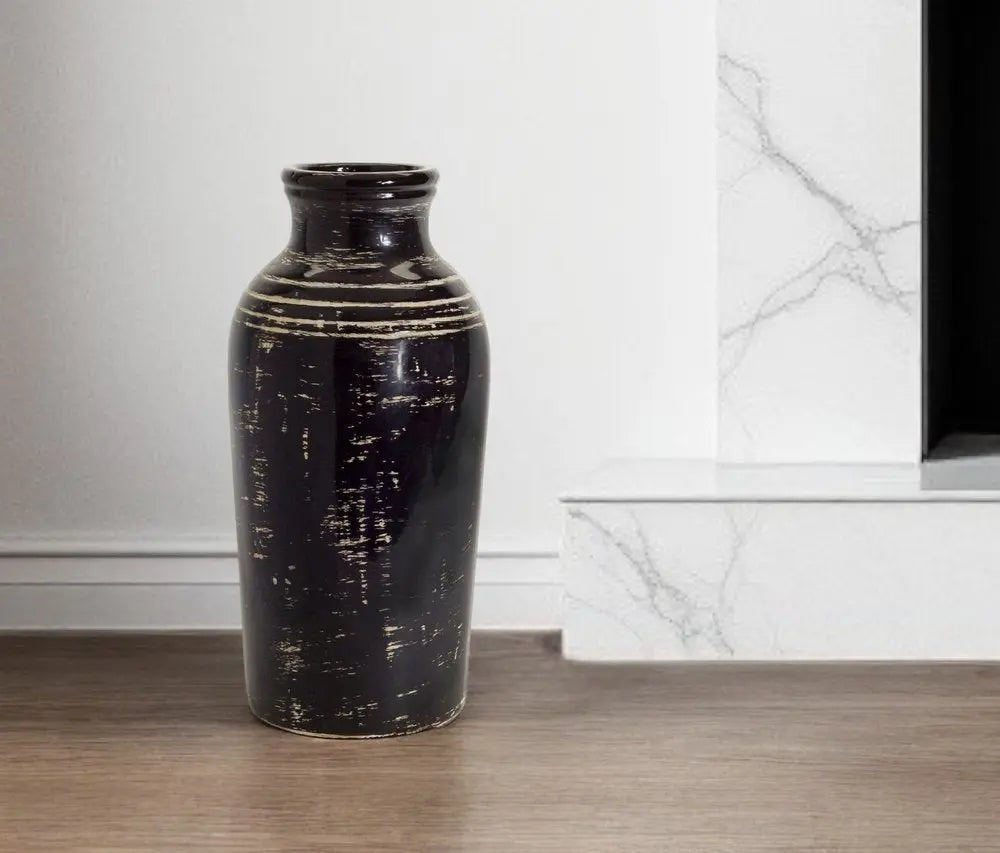 18" Black and Ivory Striped Urn Ceramic Floor Vase - NOBLE HOME INTERIORS