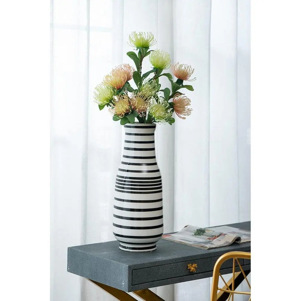 18" Black And White Hand Painted Stripe Ceramic Table Vase - NOBLE HOME INTERIORS
