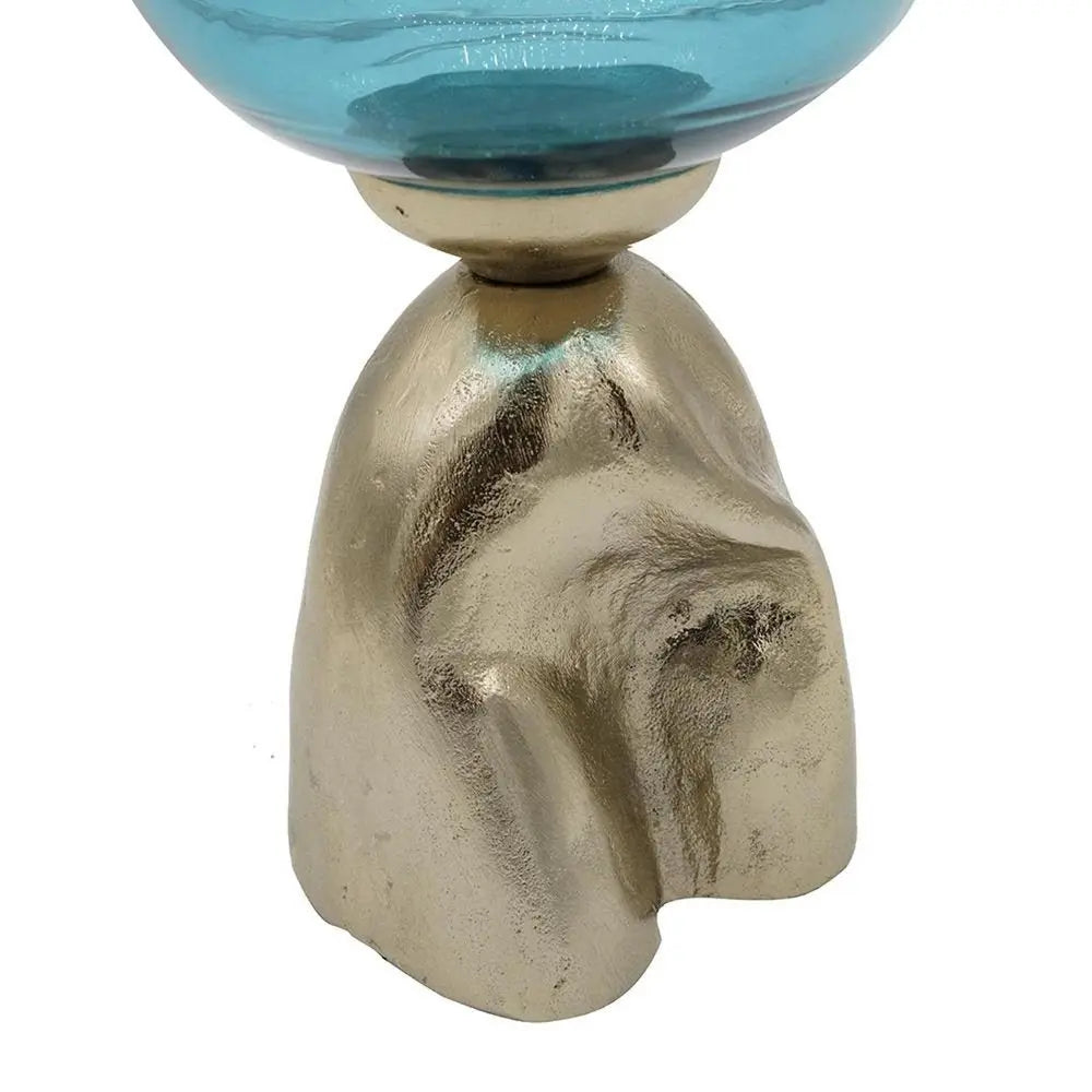 18" Blue White And Gold Ombre Glass And Aluminum Pedestal Table Vase - NOBLE HOME INTERIORS