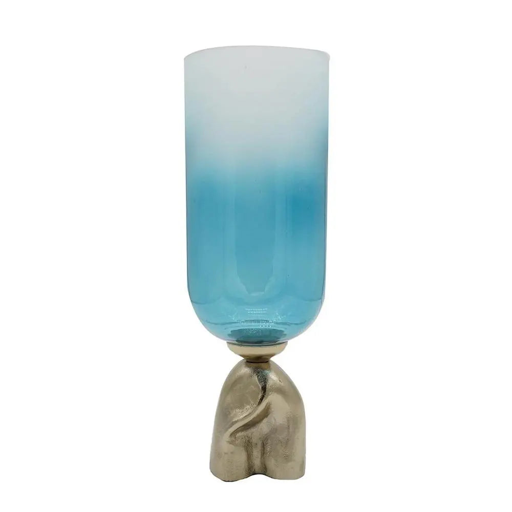 18" Blue White And Gold Ombre Glass And Aluminum Pedestal Table Vase - NOBLE HOME INTERIORS