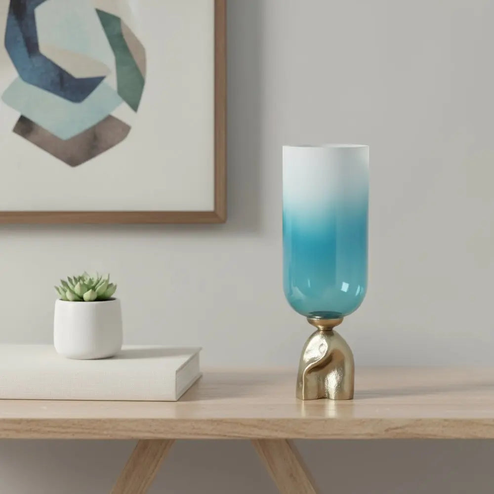 18" Blue White And Gold Ombre Glass And Aluminum Pedestal Table Vase - NOBLE HOME INTERIORS