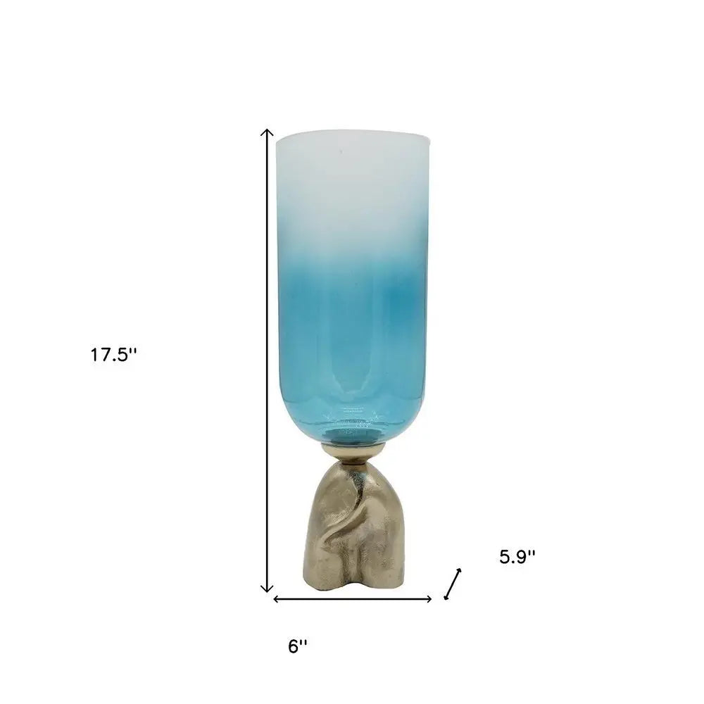 18" Blue White And Gold Ombre Glass And Aluminum Pedestal Table Vase - NOBLE HOME INTERIORS