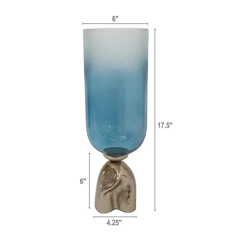18" Blue White And Gold Ombre Glass And Aluminum Pedestal Table Vase - NOBLE HOME INTERIORS
