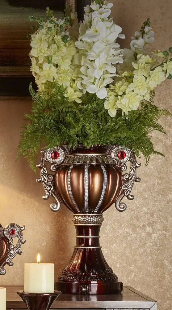 18" Bronze and Silver Floral Urn Polyresin Table Vase With Stones - NOBLE HOME INTERIORS