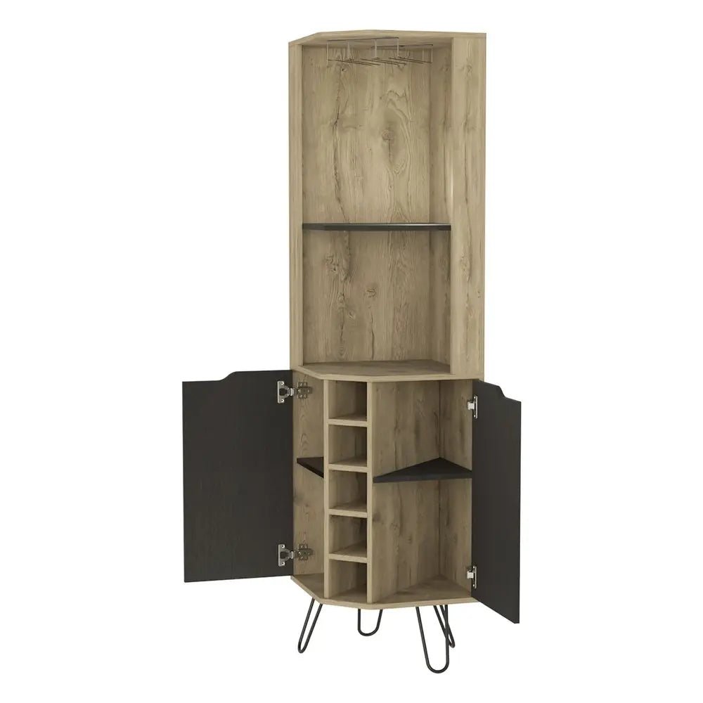 18" Brown and Black and Brown Corner Bar Cabinet With Eleven Shelves - NOBLE HOME INTERIORS
