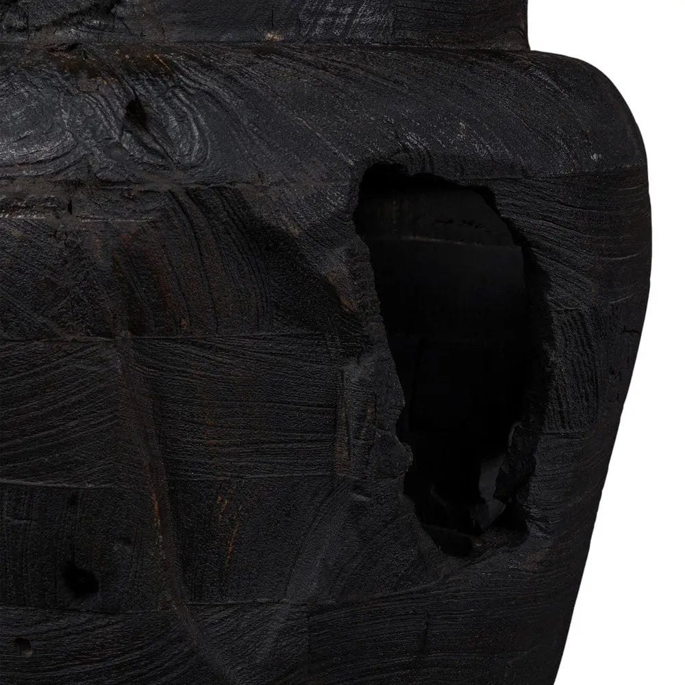 18" Ebony And Black Abstract Solid Wood Table Vase With Sculptural Details - NOBLE HOME INTERIORS