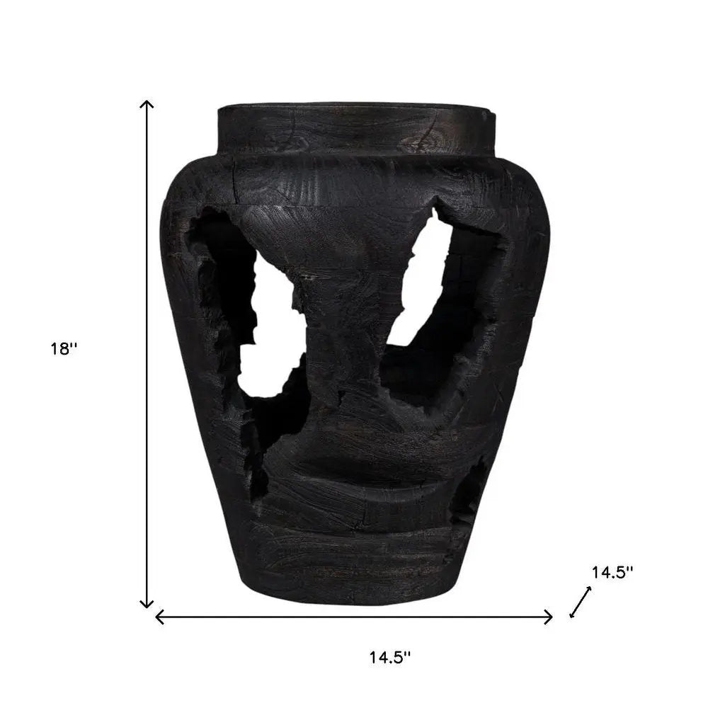 18" Ebony And Black Abstract Solid Wood Table Vase With Sculptural Details - NOBLE HOME INTERIORS