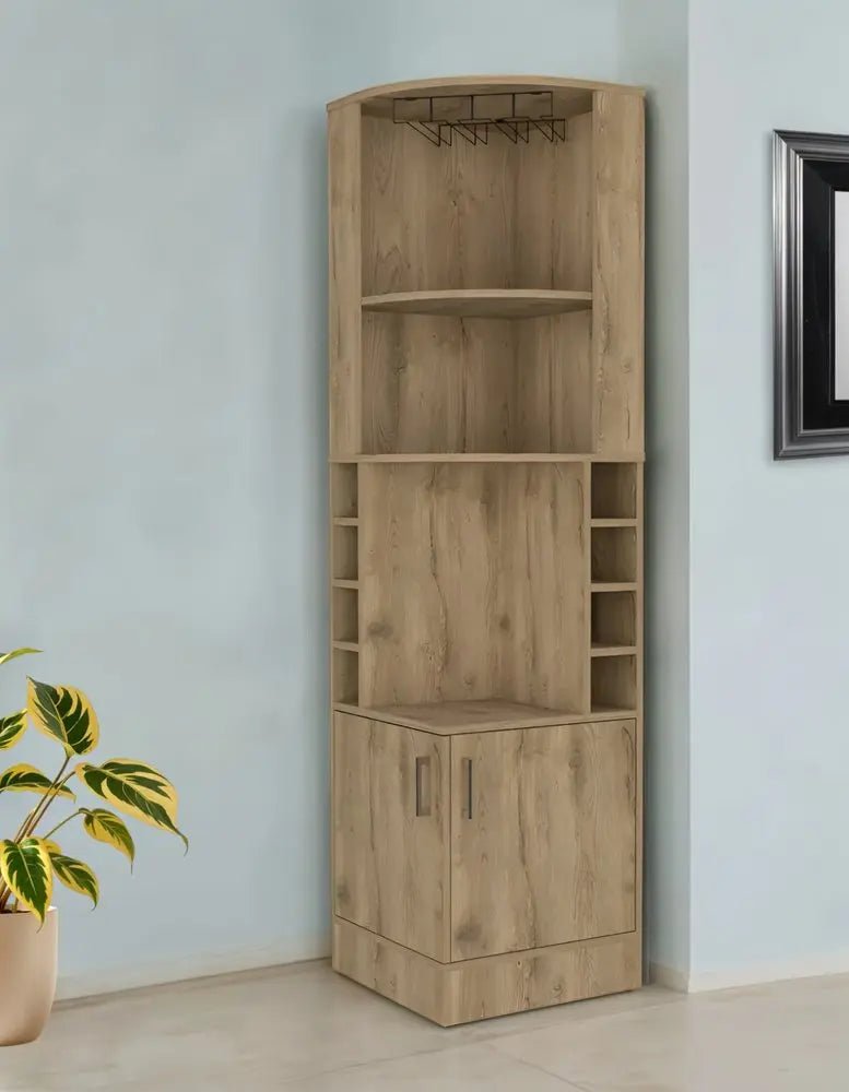 18" Natural Corner Bar Cabinet With Eleven Shelves - NOBLE HOME INTERIORS