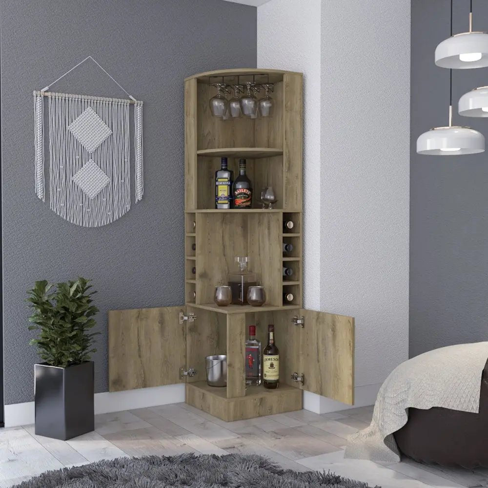 18" Natural Corner Bar Cabinet With Eleven Shelves - NOBLE HOME INTERIORS