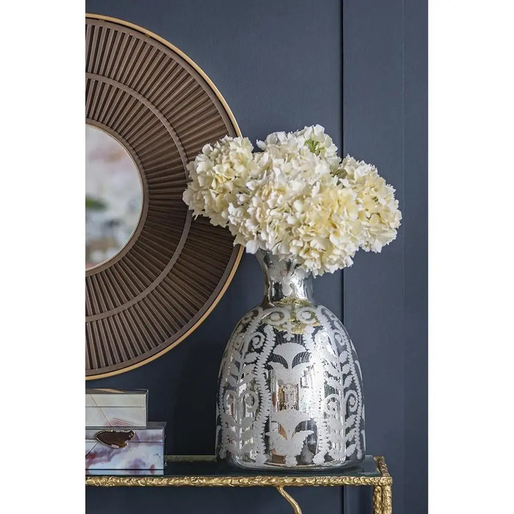 18" Silver Floral Round Glass Table Vase - NOBLE HOME INTERIORS
