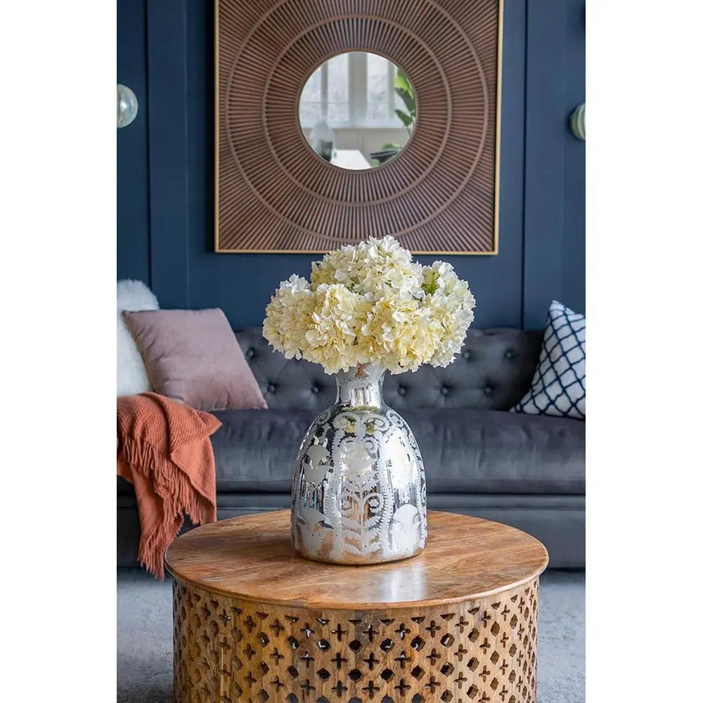 18" Silver Floral Round Glass Table Vase - NOBLE HOME INTERIORS
